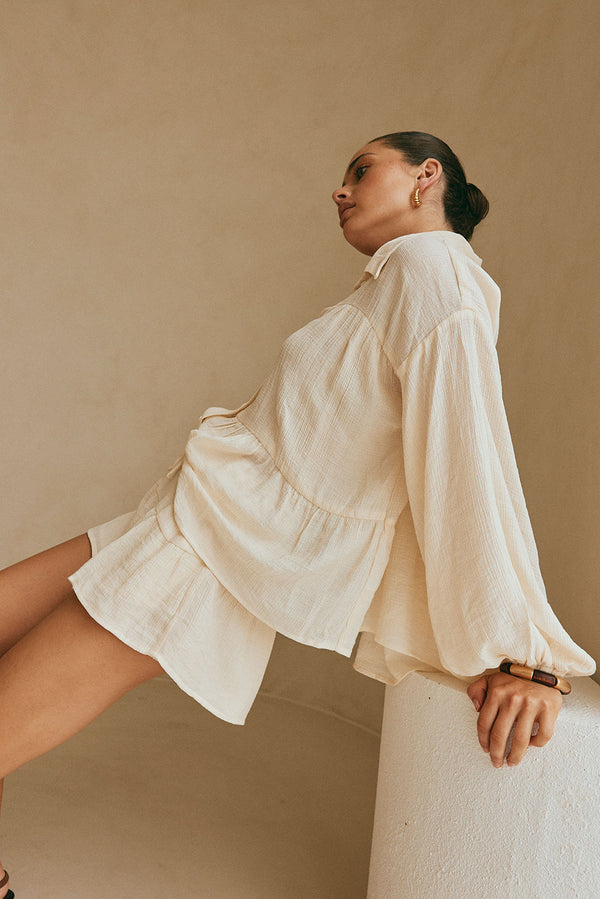 Cream Long Sleeve Button Up Collar Panel Huxley Top