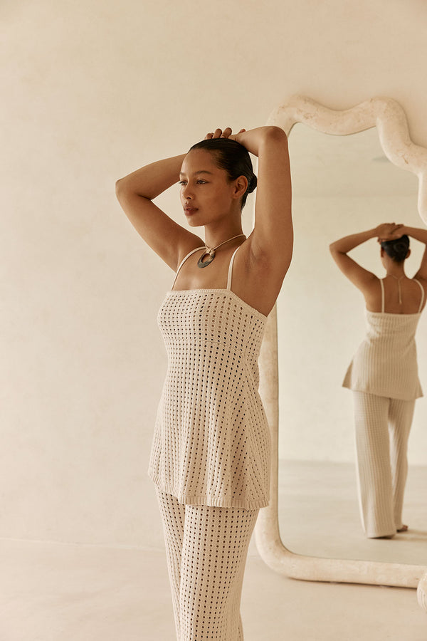 Beige Crochet Knit Strappy Nev Top