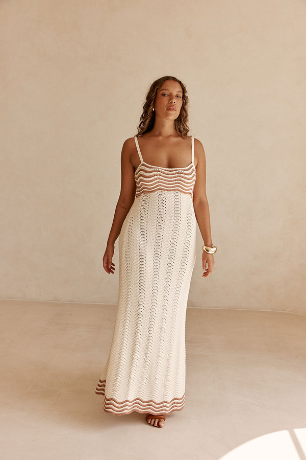 Cream Wavy Cotton Knit Maxi Cielo Dress