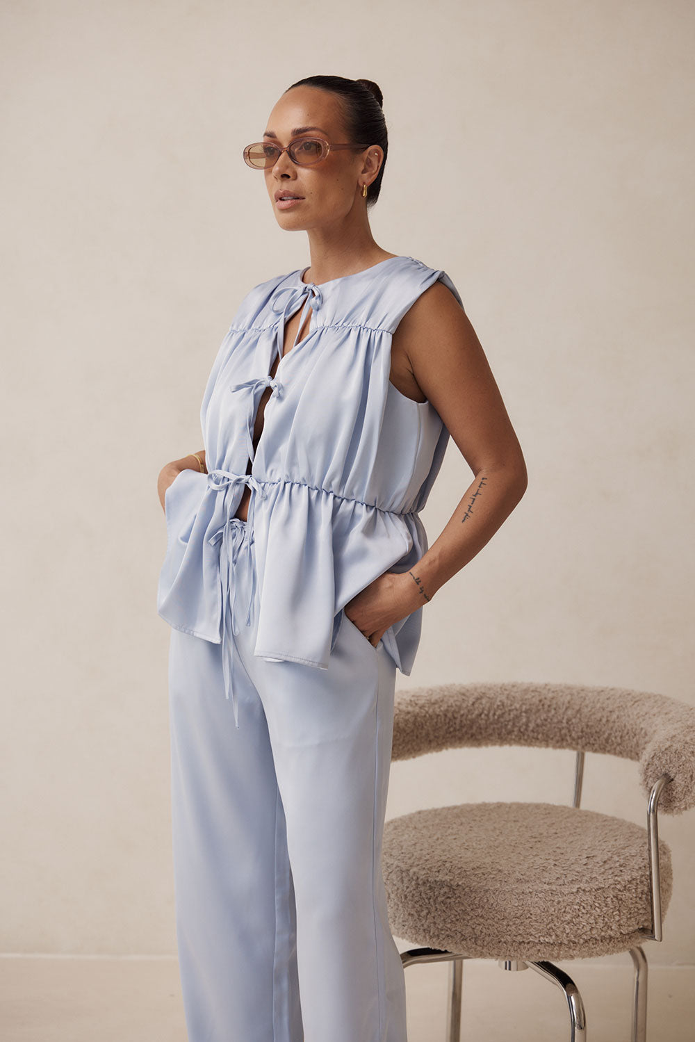 Blue Elastic Drawstring Pocket Juliette Pants