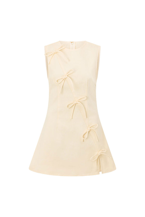 Cream Denim A-Line Bow Mini Kapri Dress
