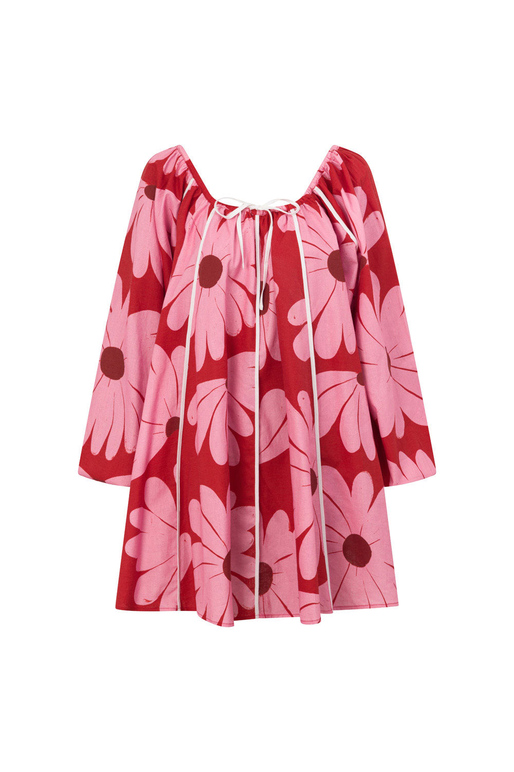 Veronica Flounce Long Sleeve Mini Dress - Pink White Daisy Red Print