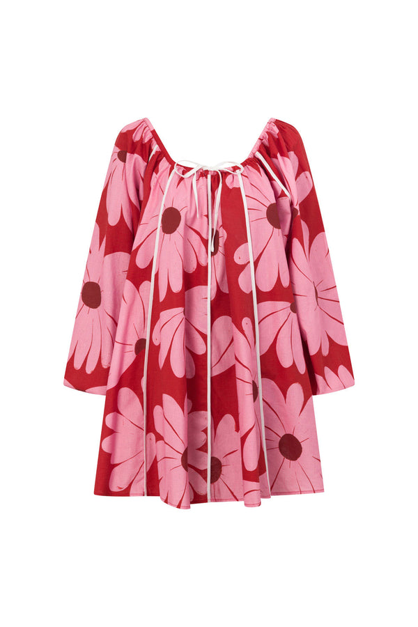 Veronica Flounce Long Sleeve Mini Dress - Pink White Daisy Red Print