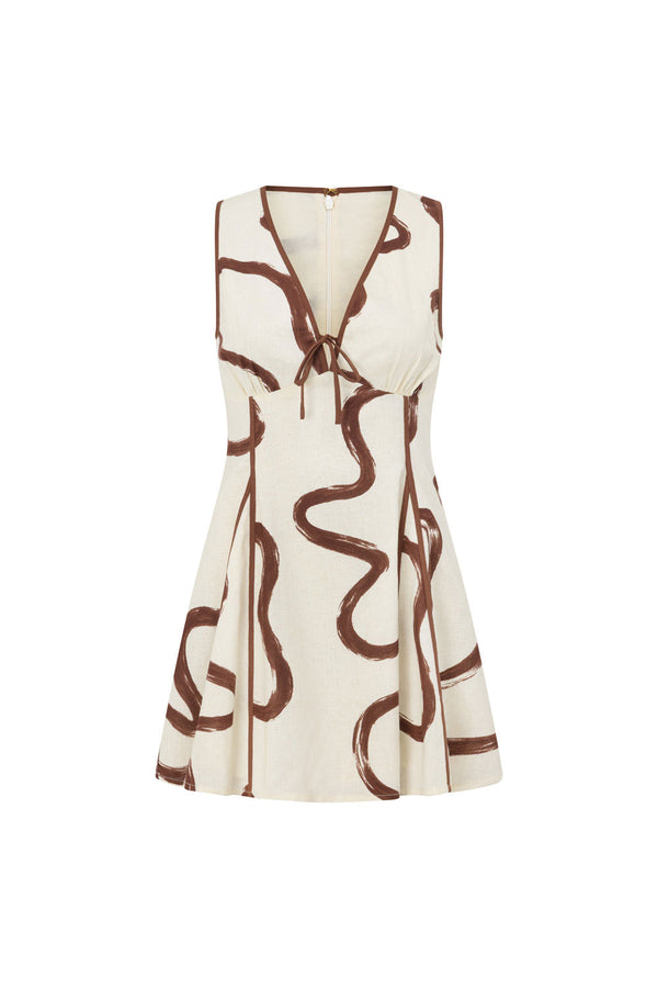 Cream Marbled Mocha Floral V Neck Mini Alfresco Dress