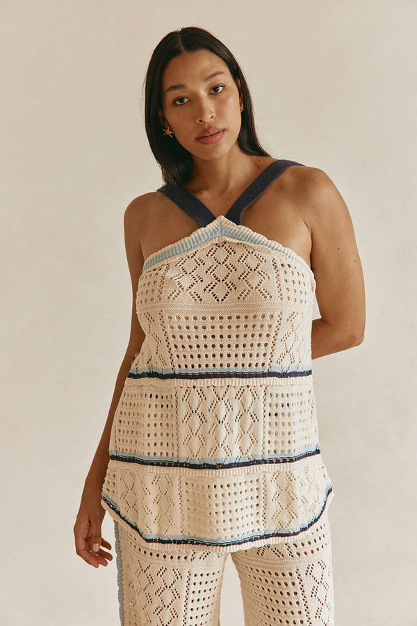 Cream Patch Crochet Knit Halter Matilda Top