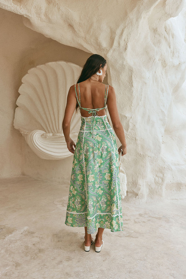 Green Floral Heritage Print V Neck Maxi Evia Dress