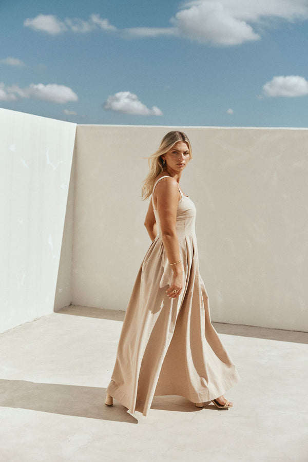 Toffee Pleated Full Maxi Flore Dress