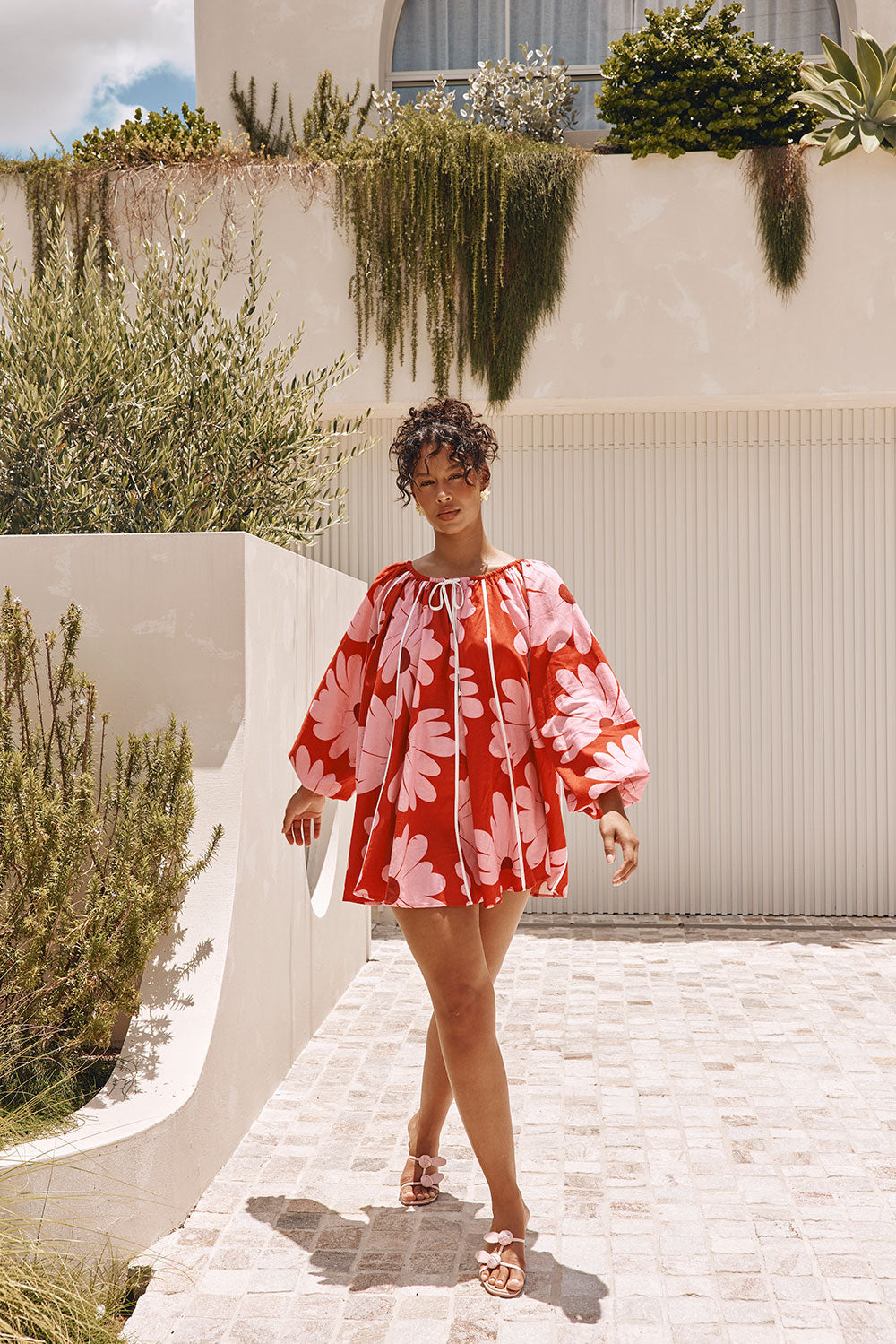 Veronica Flounce Long Sleeve Mini Dress - Pink White Daisy Red Print