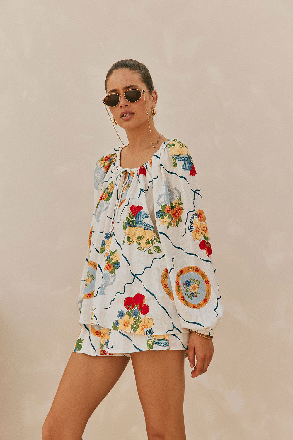 White Trattoria Print Drawstring Long Sleeve Amorina Top