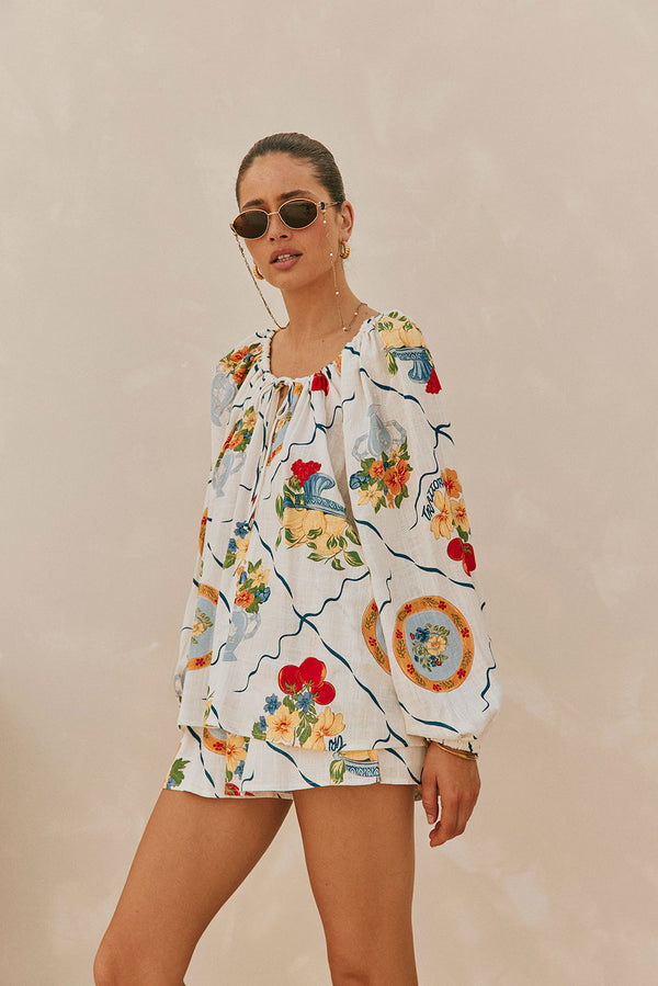 White Trattoria Print Drawstring Long Sleeve Amorina Top