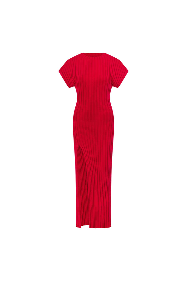Red Rib Split Maxi Gemini Dress