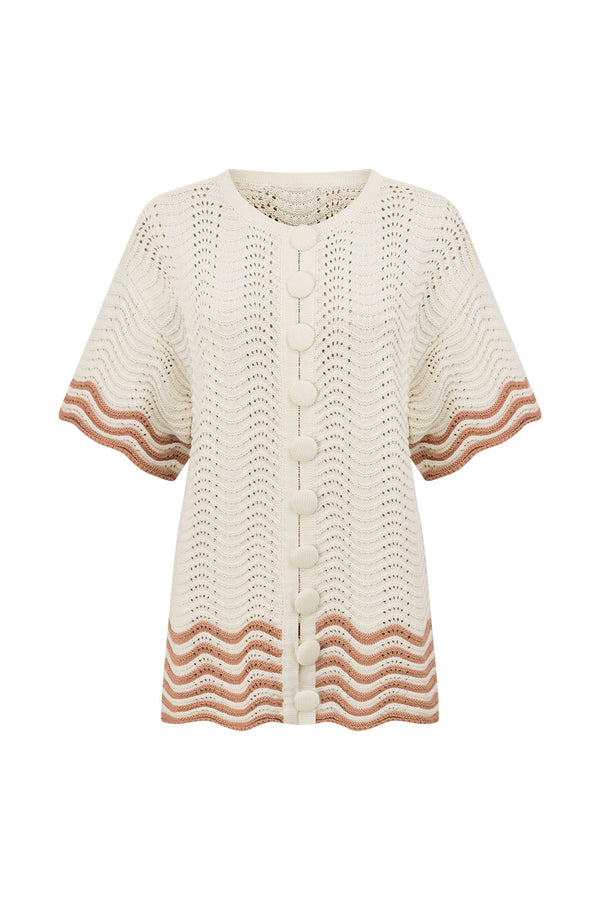 Cream Wavy Cotton Knit Button Up Janaya Top