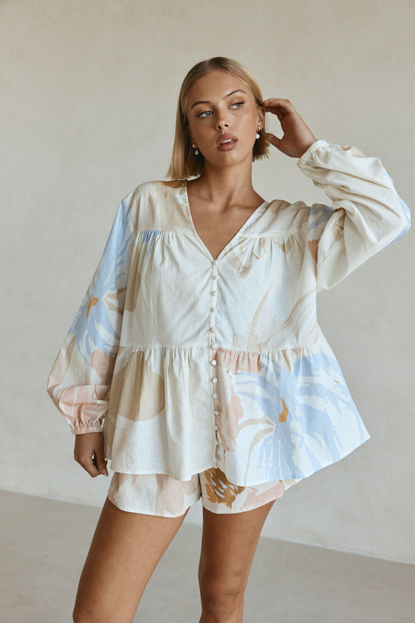 Pink Vintage Bloom Print Long Sleeve Button Up Adalyn Top