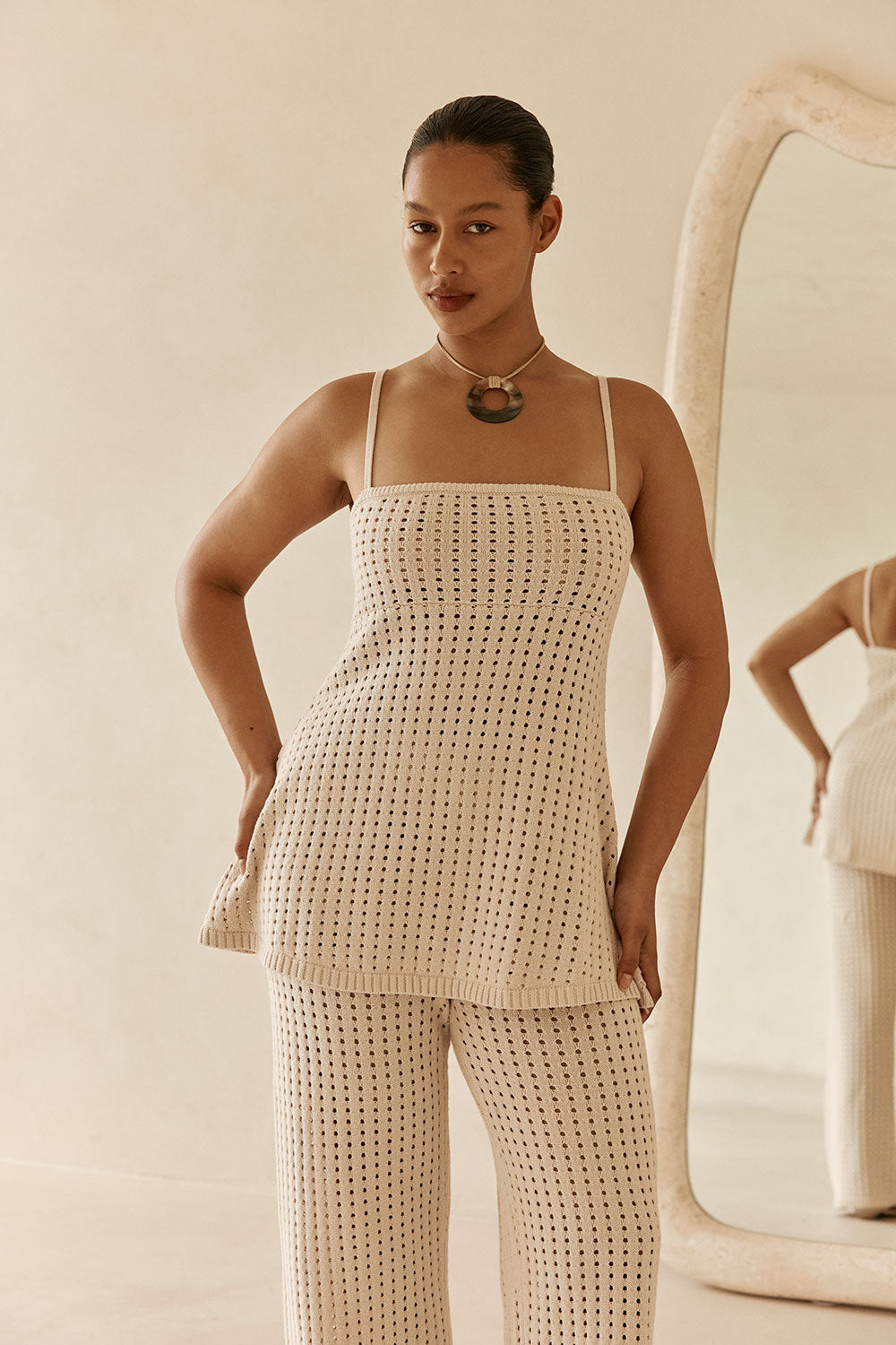 Beige Crochet Knit Strappy Nev Top