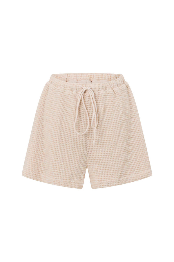 Beige High Waist Drawstring Emel Waffle Shorts