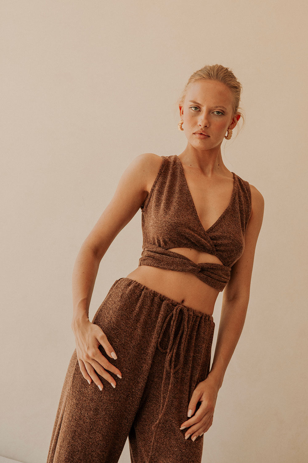 Brown Plunge V Neck Cutout Wrap Crop Sierra Top