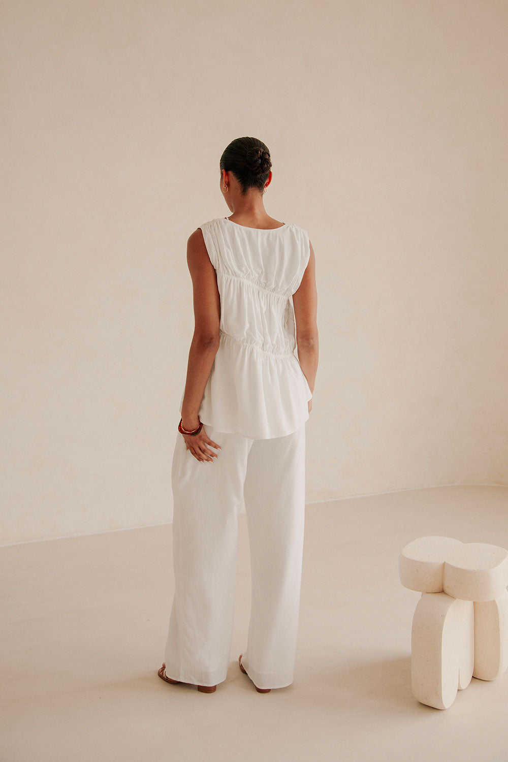 White Linen Tie Asymmetric Ruched Brisa Top