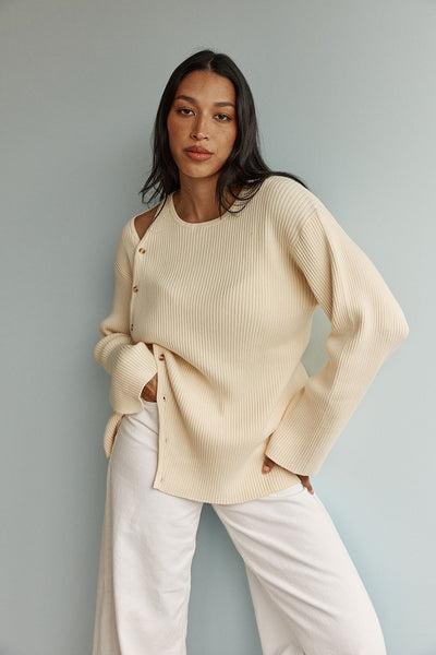 Butter Yellow Ribbed Button Asymmetric Amie Top – SABO