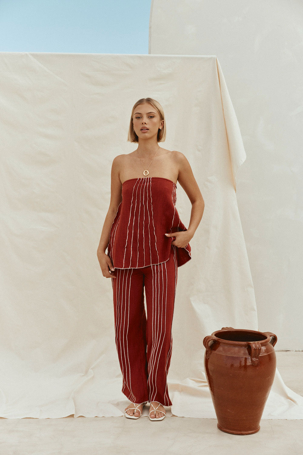 Merlot Red Cotton Elastic Drawstring Emilia Pants