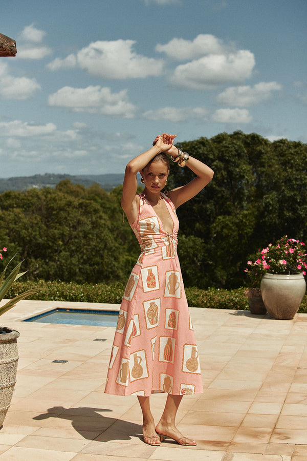 Pink Florero Print V Neck Midi Mira Dress