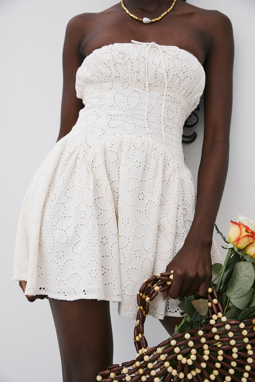 White Broderie Strapless Flouncy Mini Aura Dress