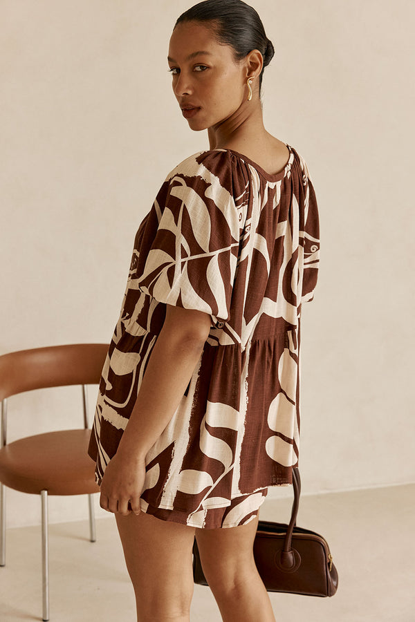 Cream and Brown Painted Tiles Print Button Scarlet Top