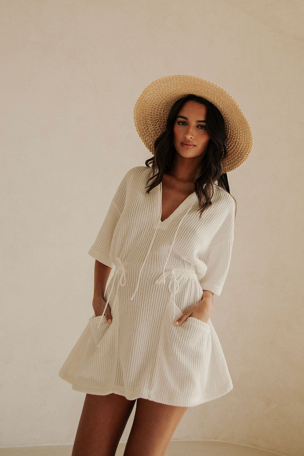 White V Neck Ruched Tie Mini Chiva Dress