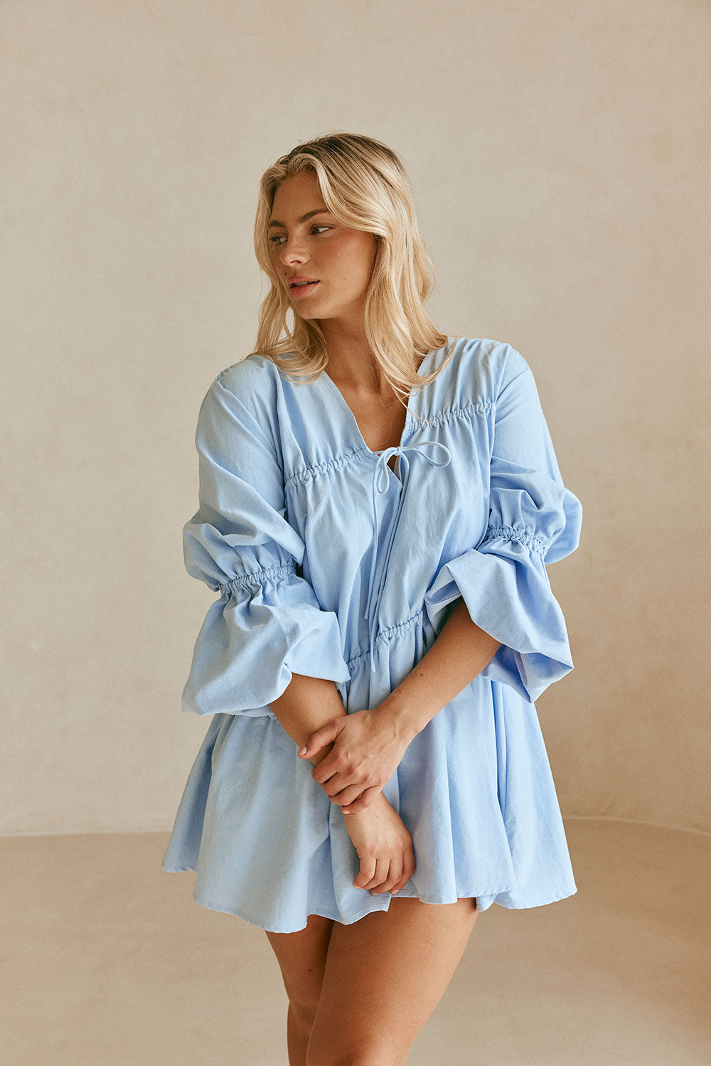 Ava Flounce Long Sleeve Mini Tie Dress - Blue