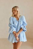 Ava Flounce Long Sleeve Mini Tie Dress - Blue