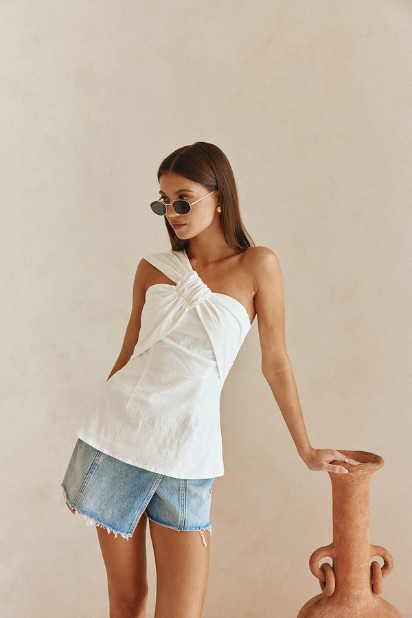 White Cotton One Shoulder Vivia Top