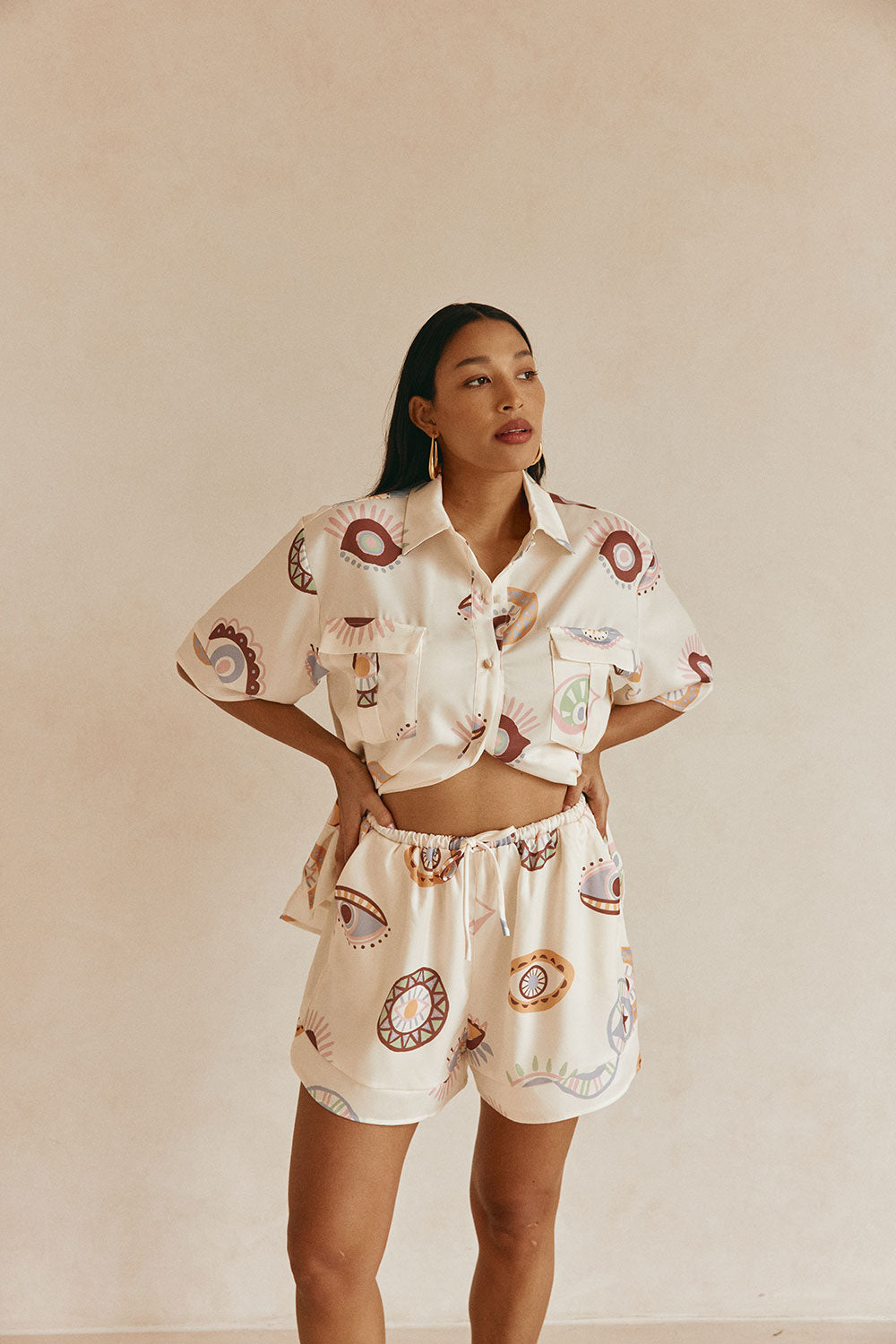 Cream Matia Print Elastic Drawstring Marika Shorts