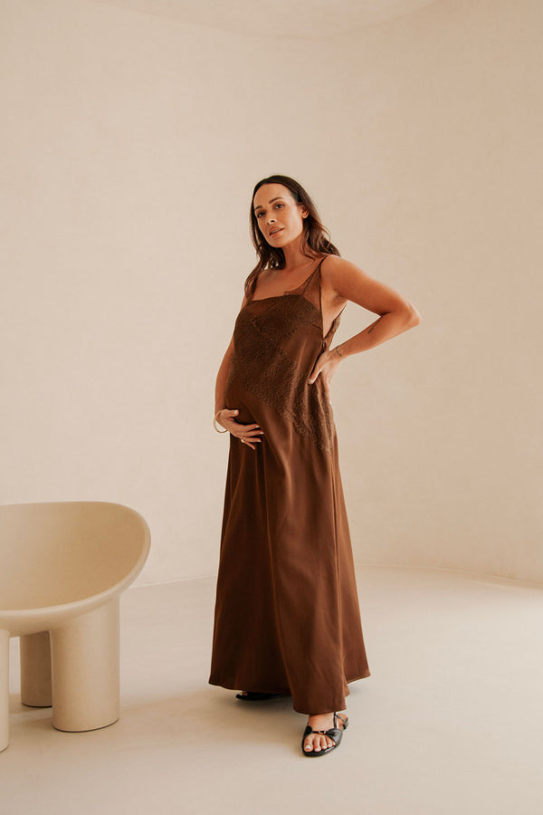 Brown Silky Lace Thin Strap Maxi Aelin Dress