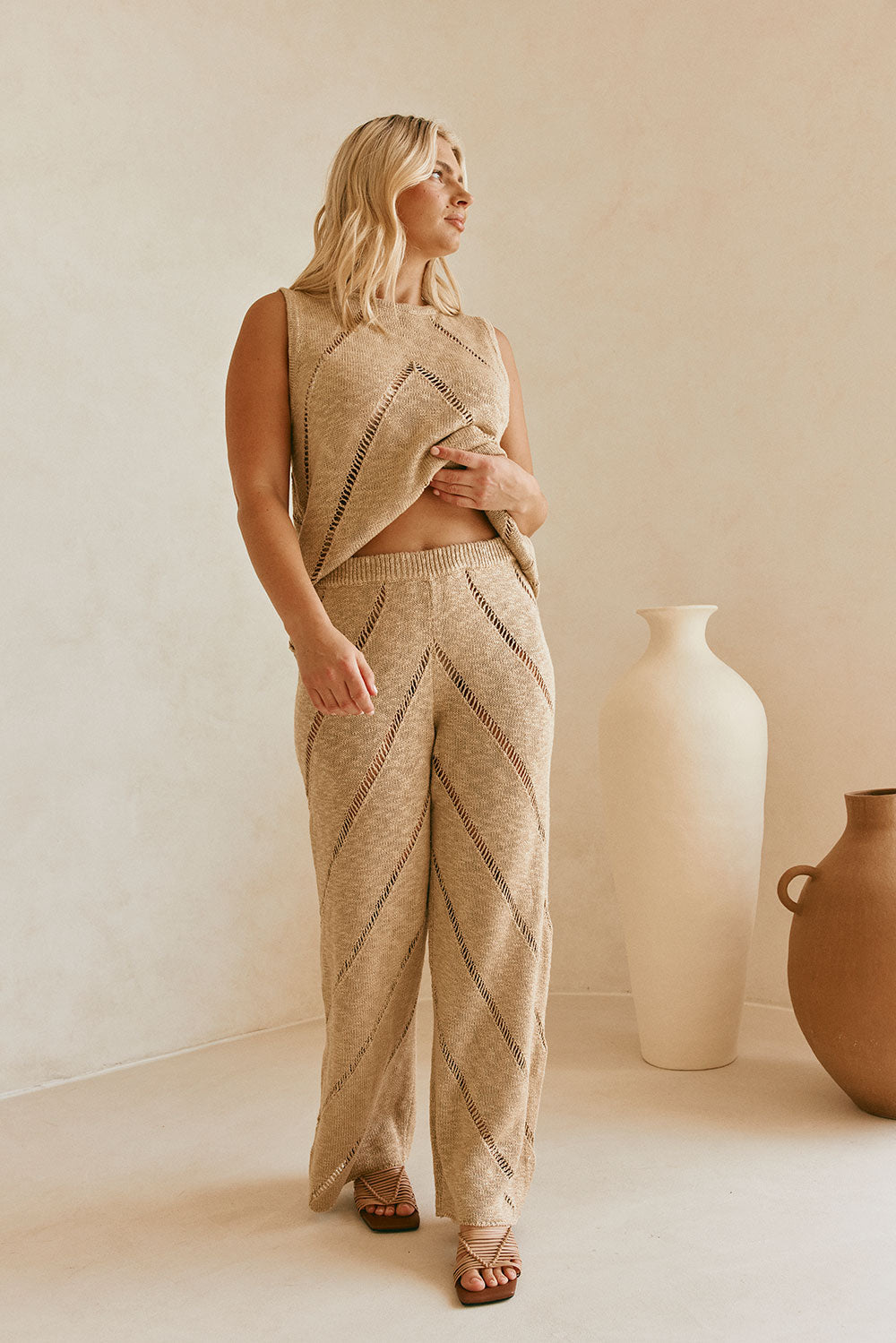 Tan Knit High Waist Ladder Pannel Josiah Pants