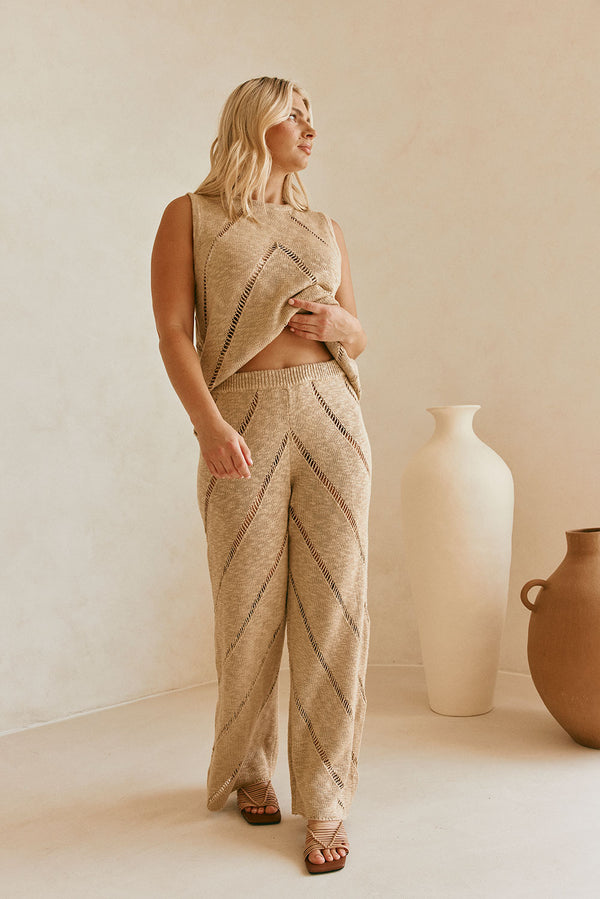 Tan Knit High Waist Ladder Pannel Josiah Pants