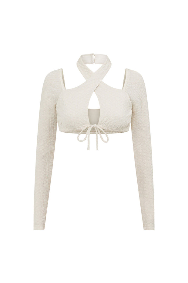 Long Sleeve High Halter Top Women's White Jersey Crop Top Long