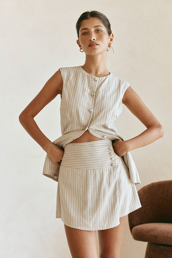 Beige Button Wrap Mini Zinnie Skirt