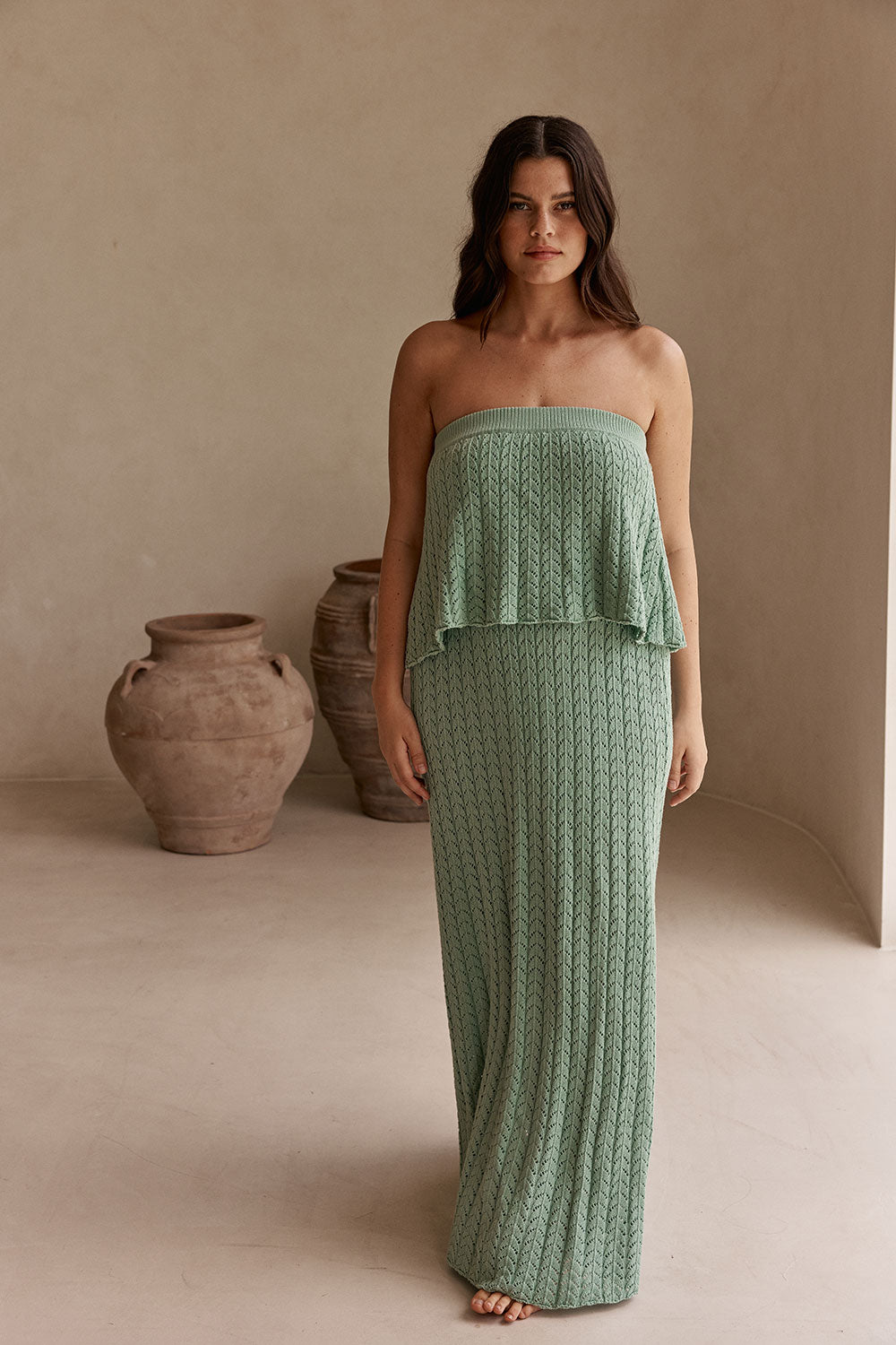 Green Crochet Knit Strapless Maxi Maria Dress SABO Green Crochet Knit Strapless Maxi Maria Dress SABO
