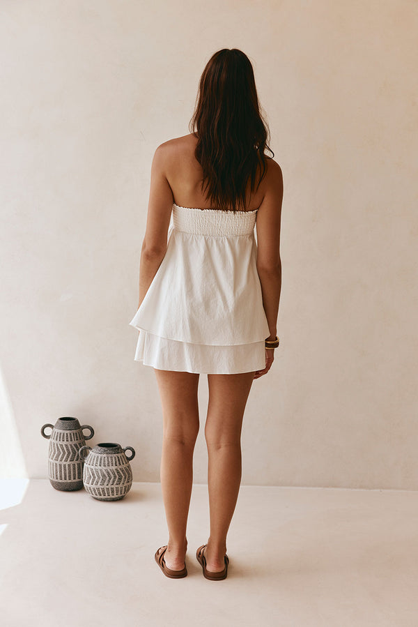 White Strapless Layered Ruched Rocio Dress