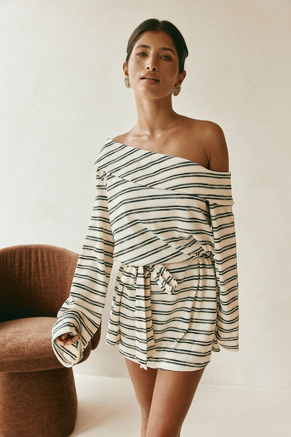 Cabana Off Shoulder Long Sleeve Mini Dress - Cream, Black Stripe SABO Cabana Off Shoulder Long Sleeve Mini Dress - Cream, Black Stripe SABO