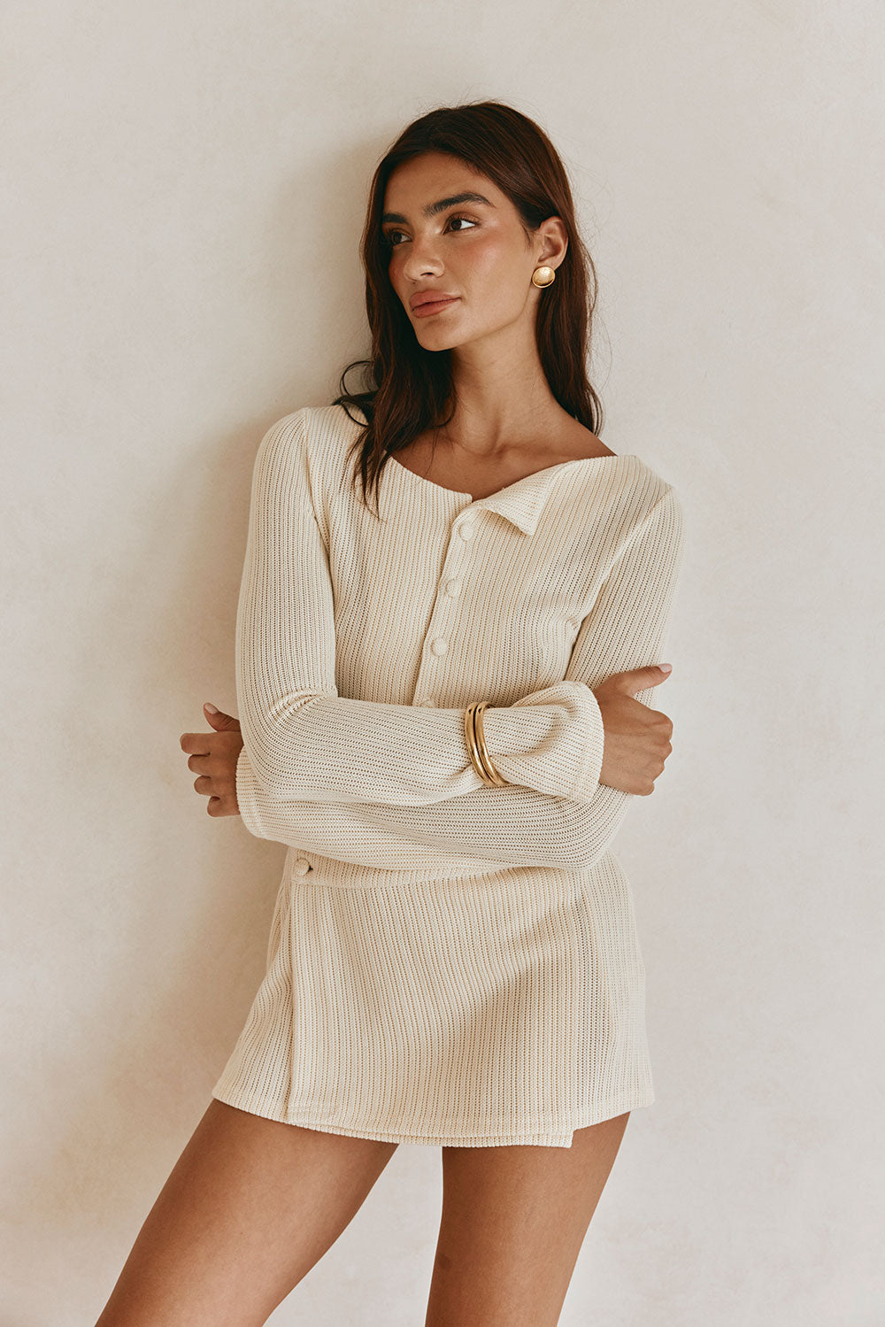 Violette Long Sleeve Button Up Mini Wrap Dress - Beige