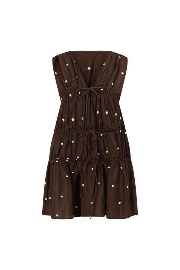 Chocolate Speck Polka Dot Gathered Mini Joslin Dress