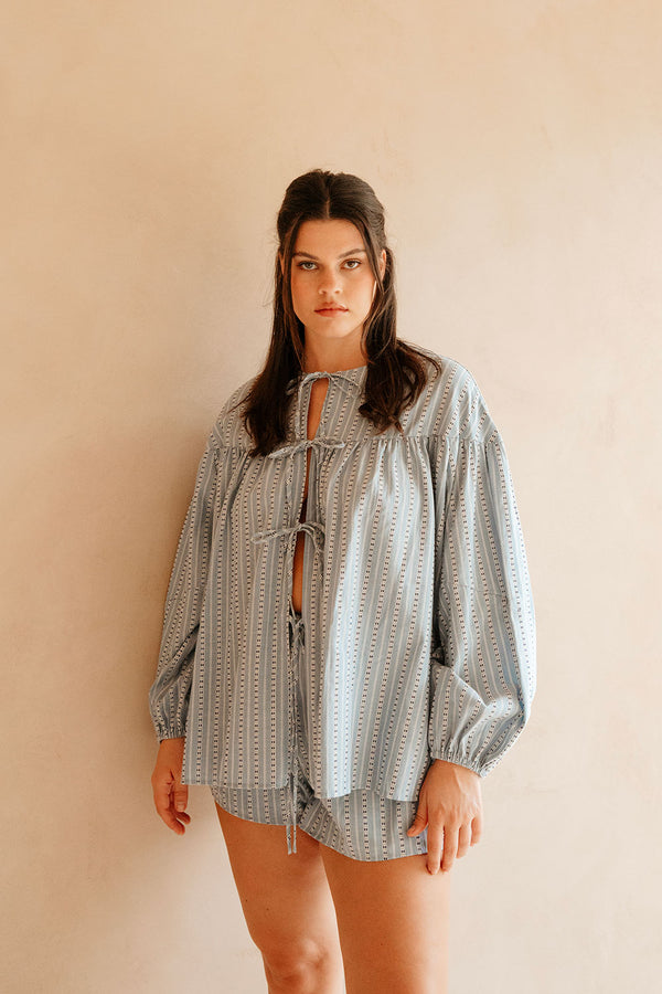 Blue Long Sleeve Round Neck Tie Mina Top