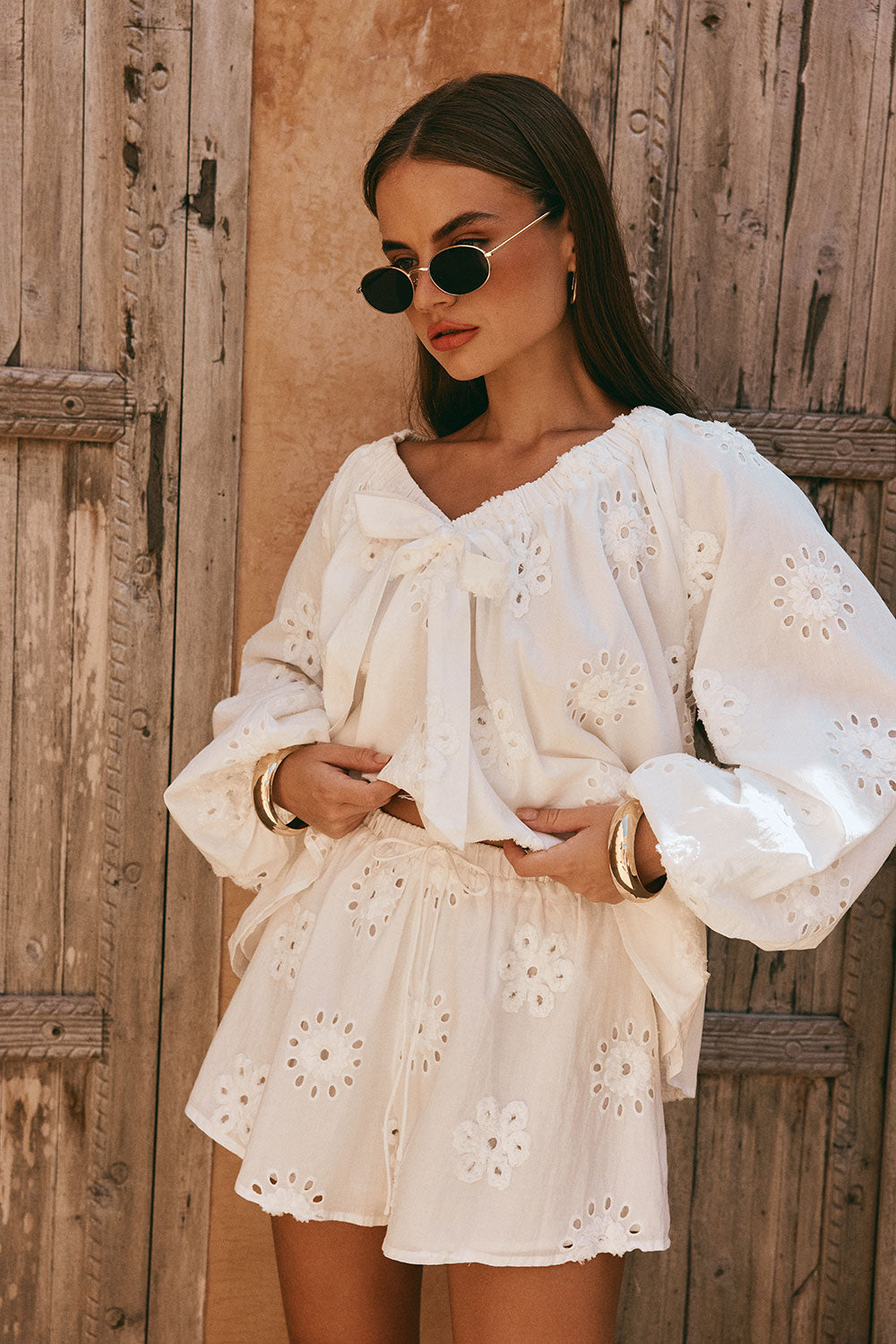 White Broderie Elastic Drawstring Aveline Shorts