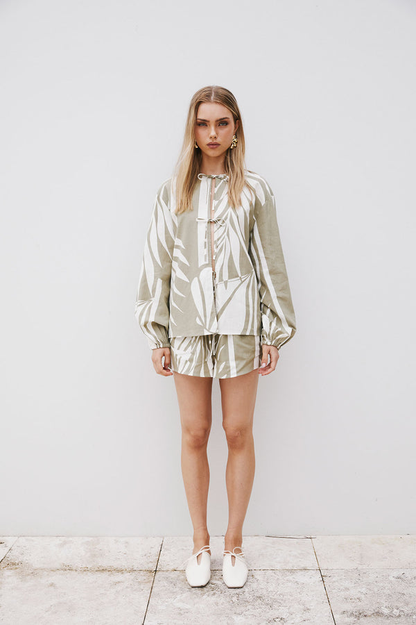 Palm Green Long Sleeve Front Tie Berkley Dress