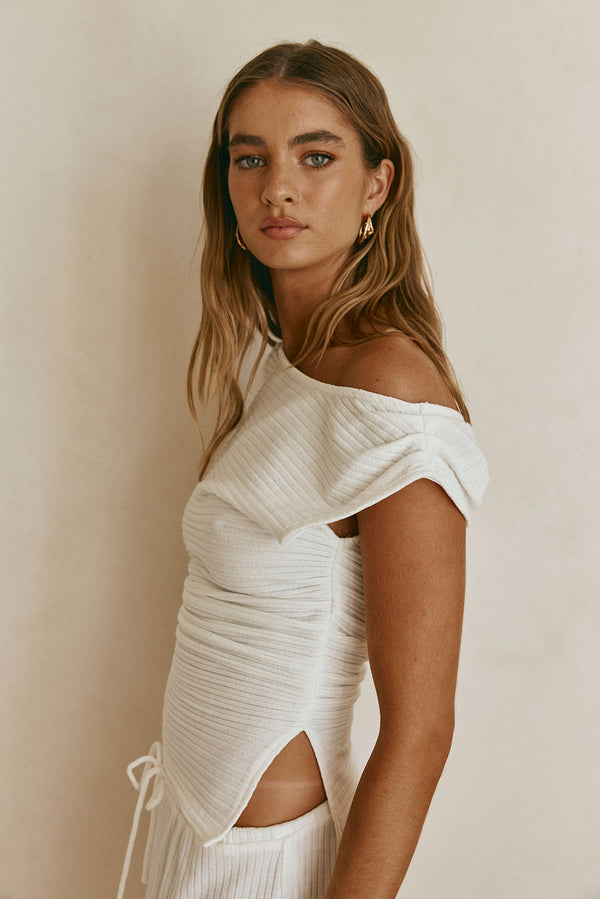 White Ribbed Boat Neck Ruched Detail Deni Top