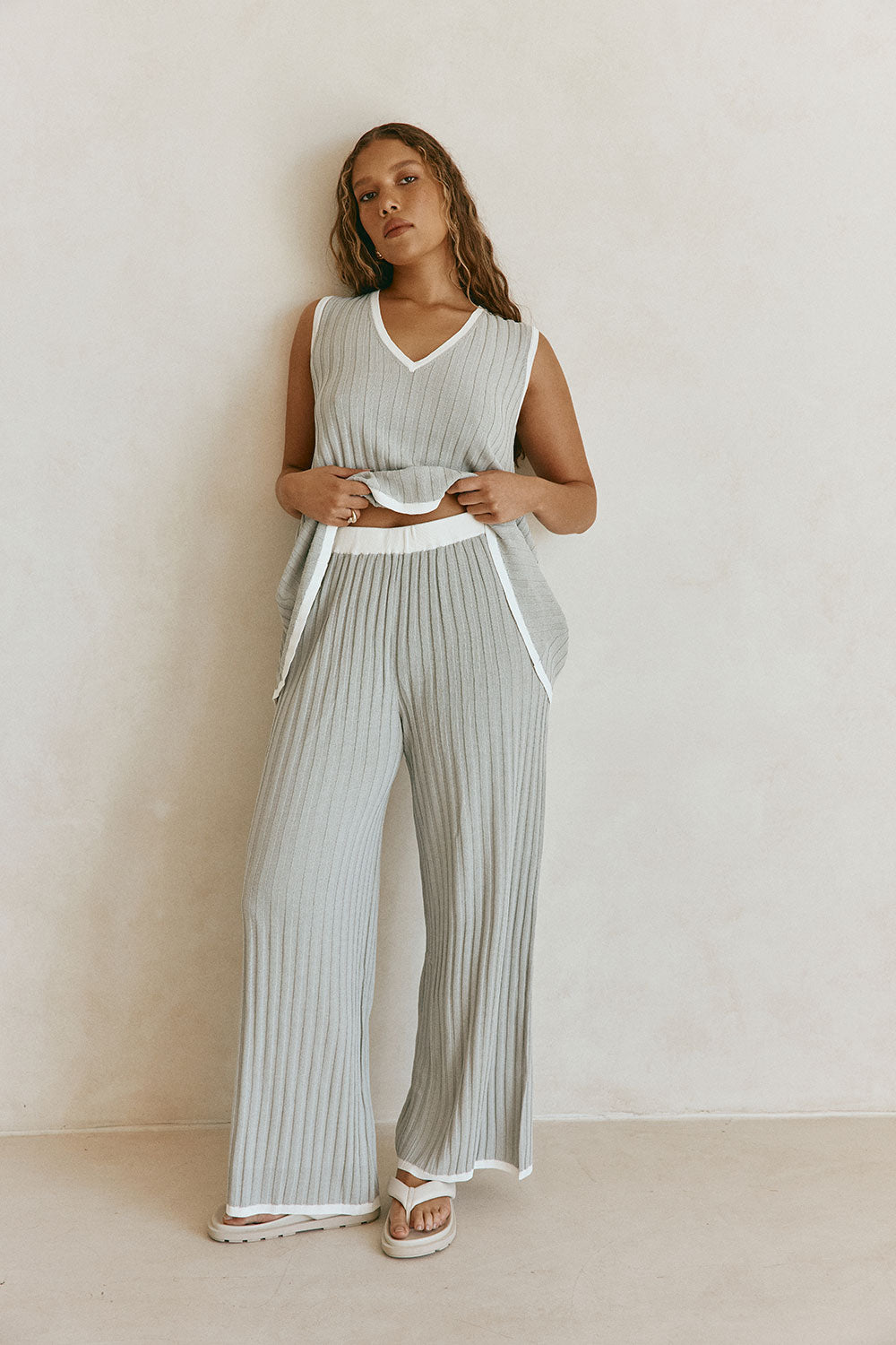 Grey Woven Ribbed V Neck Silla Top