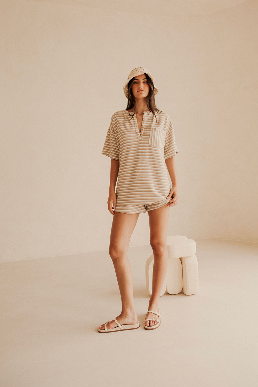 Tan Textured Short Sleeve Button Detail Rhi Top