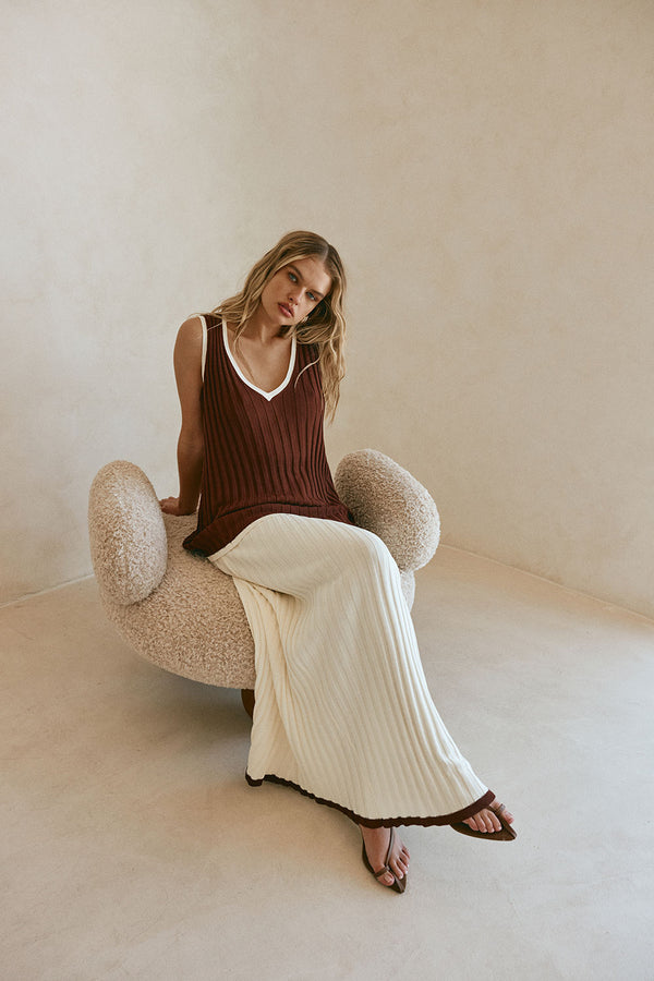 Chocolate Brown Ribbed V Neck Silla Top