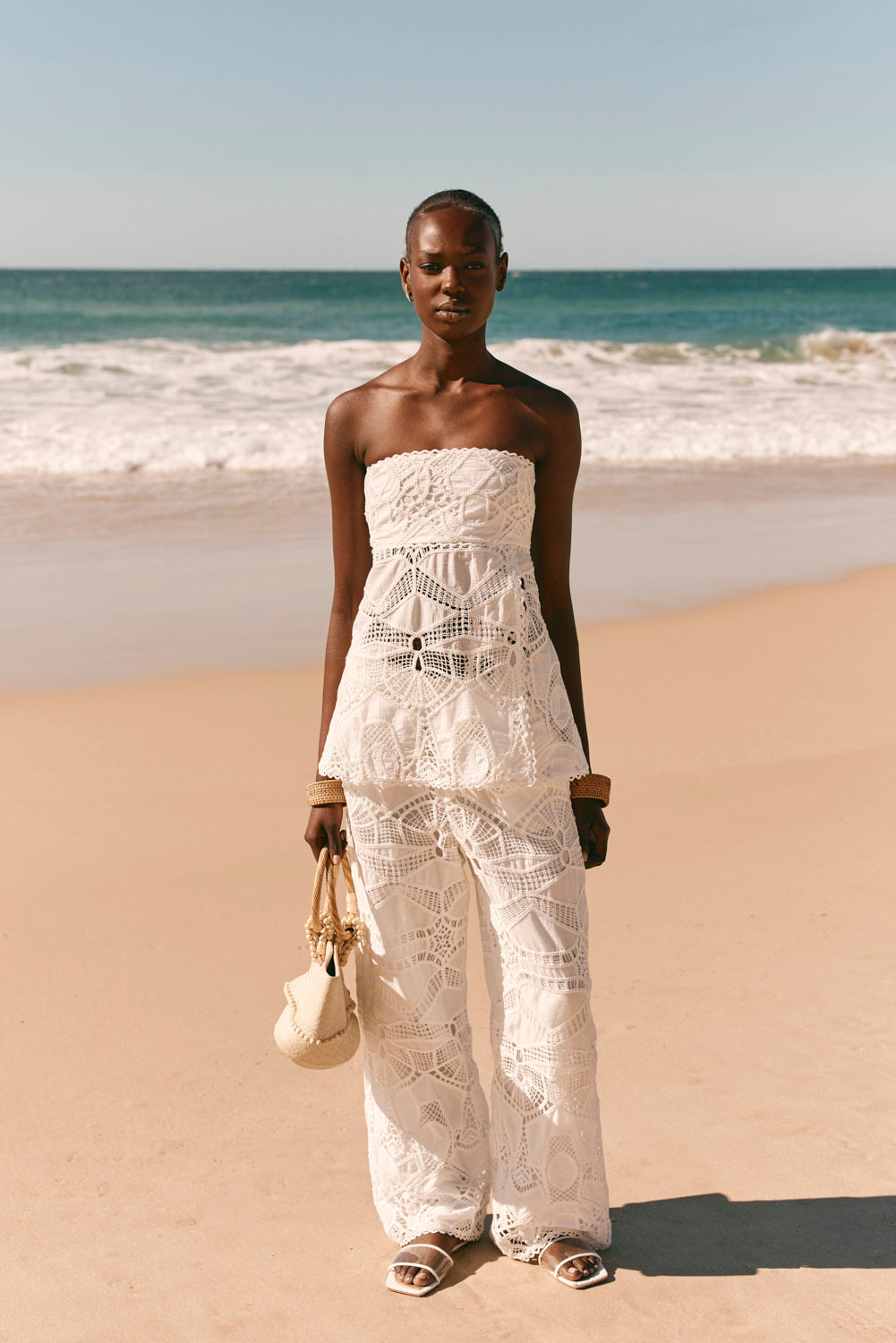 White Embroidered Cutwork Wide Leg Donna Pants