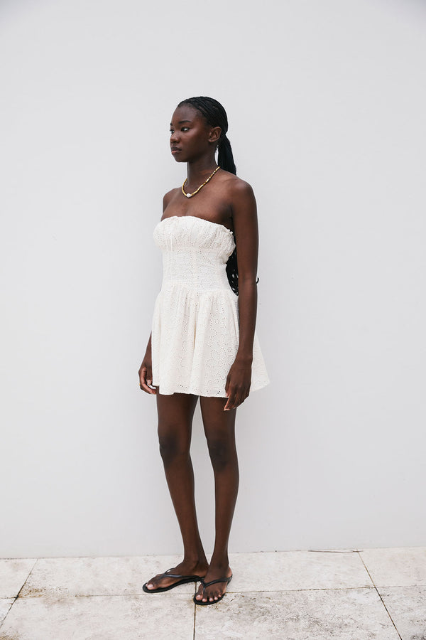 White Broderie Strapless Flouncy Mini Aura Dress